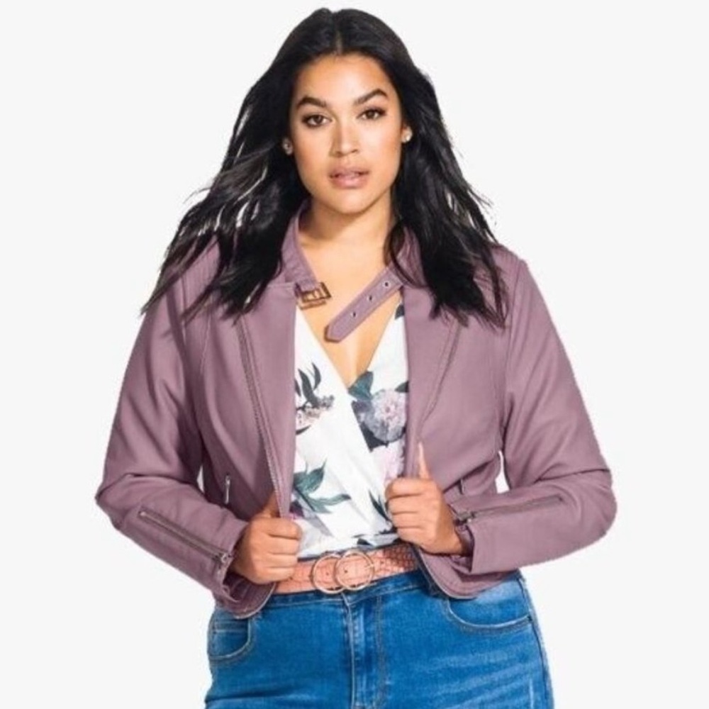 NWT City Chic Women's Cropped Faux Leather Moto Jacket Rosewood Size 18
